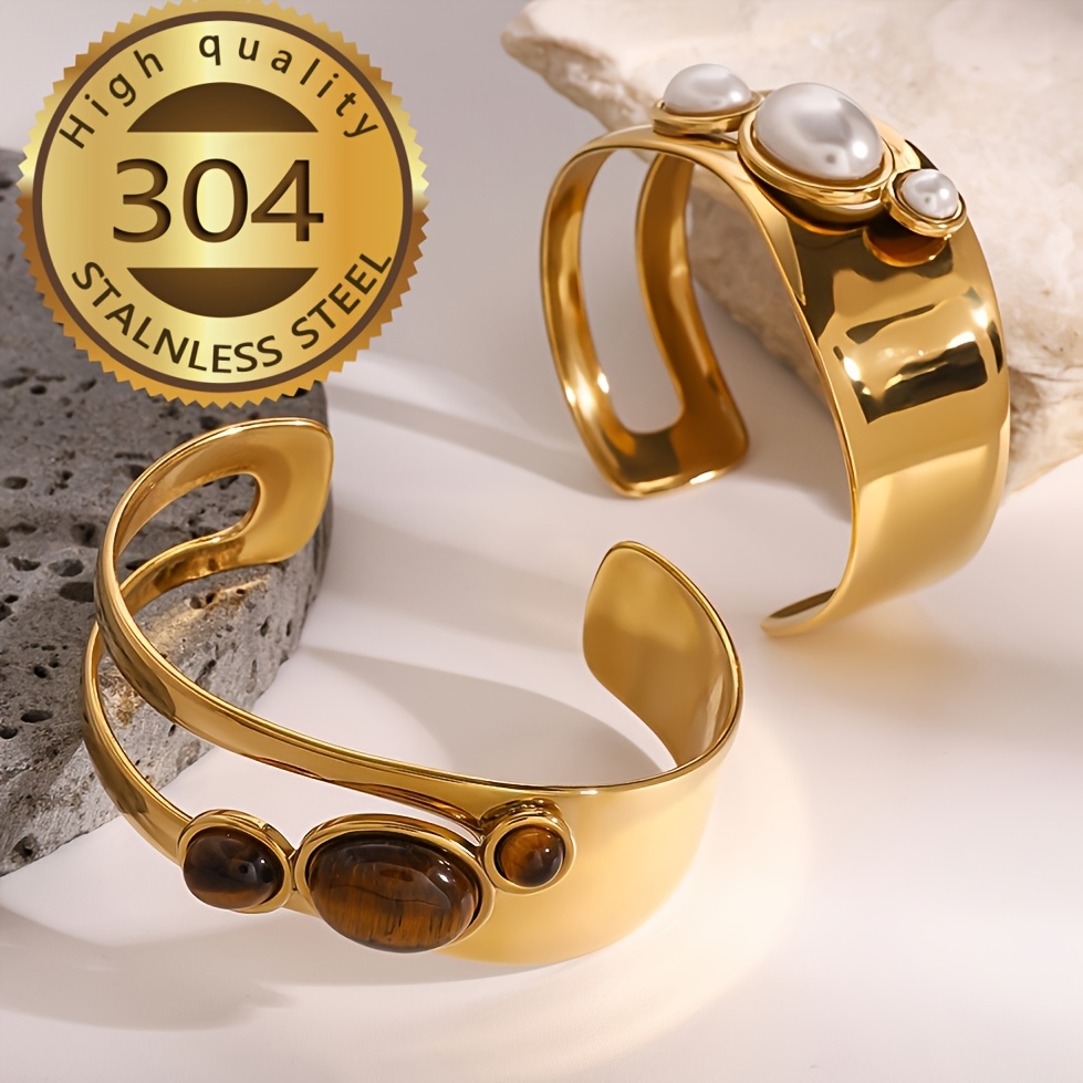 Exquisite Natural Stone Open Bangle Bracelet, High-Quality Fashion